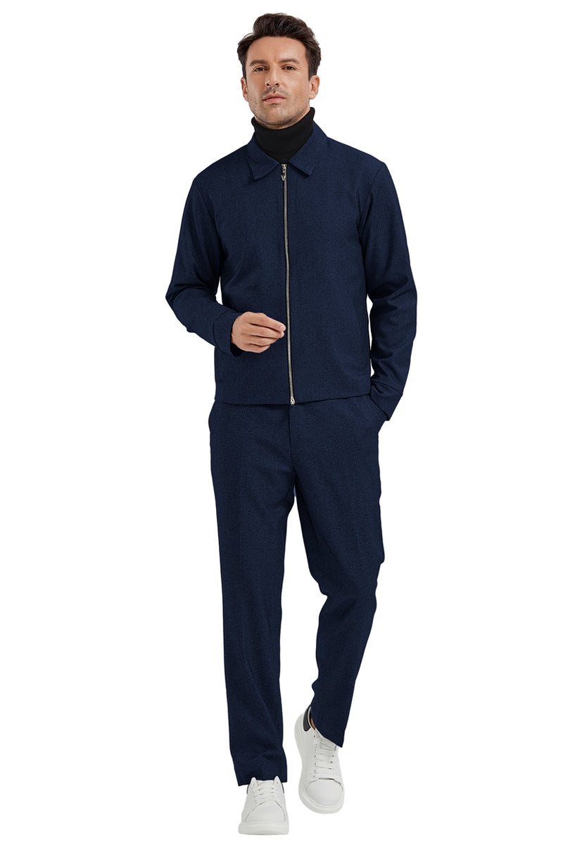 Men's Casual Walking Track Suit Jacket Pant Set in Blue Plaid