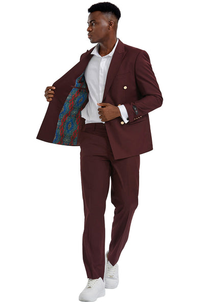 Men's Slim Fit Double Breasted Wedding Suit with Gold Buttons in Burgundy