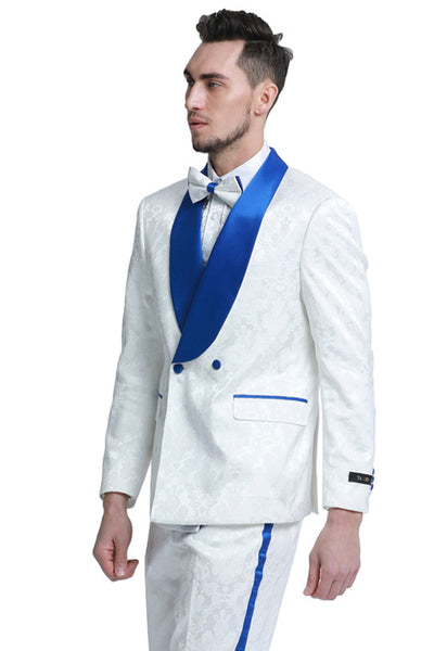 Men's Slim Fit Double Breasted Paisley Smoking Jacket Prom & Wedding Tuxedo in White & Royal Blue