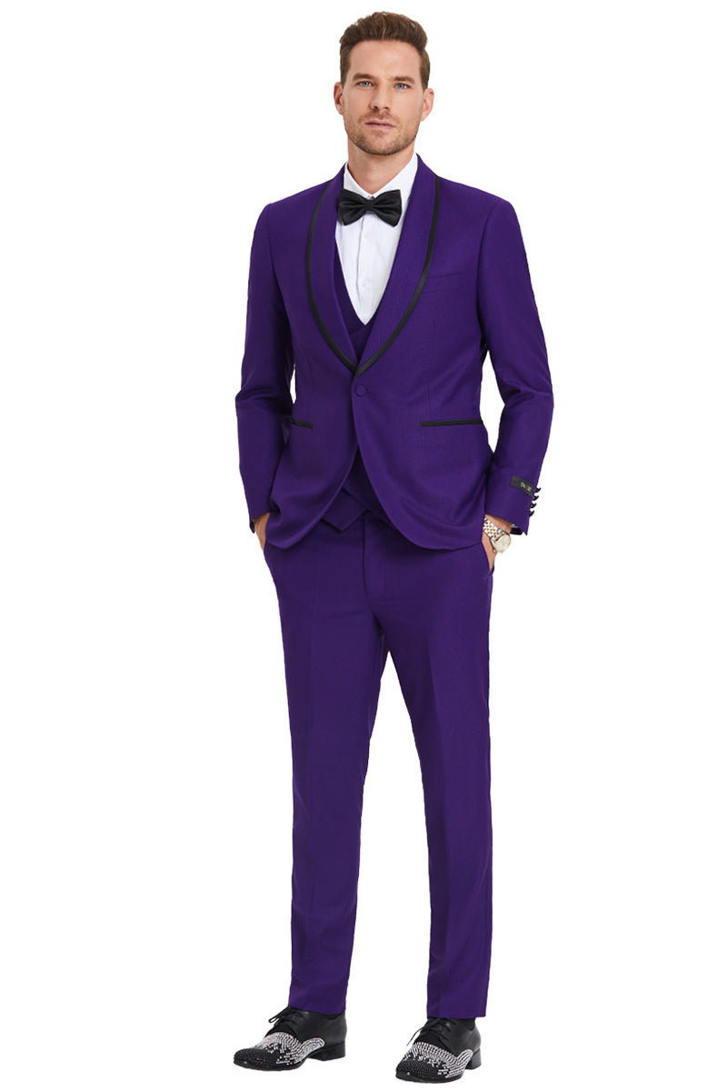 Men's One Button Vested Shawl Tuxedo in Purple Birdseye with Black Satin Trim