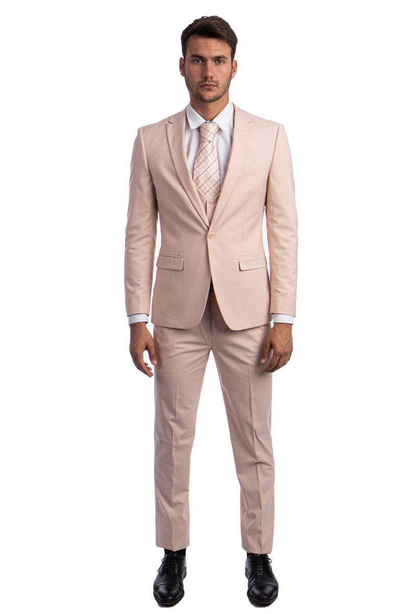 Men's One Button Peak Lapel Skinny Wedding & Prom Suit with Lowcut Vest in Blush Pink 52 Regular / Blush