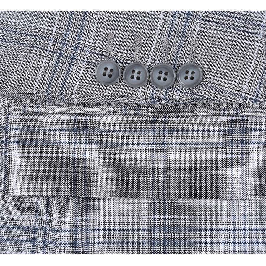 Mens Classic Fit Two Button Suit in Light Grey and Navy Blue Windowpane Plaid