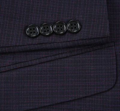 Mens Two Button Slim Fit Two Piece Suit in Black & Magenta Mini Check