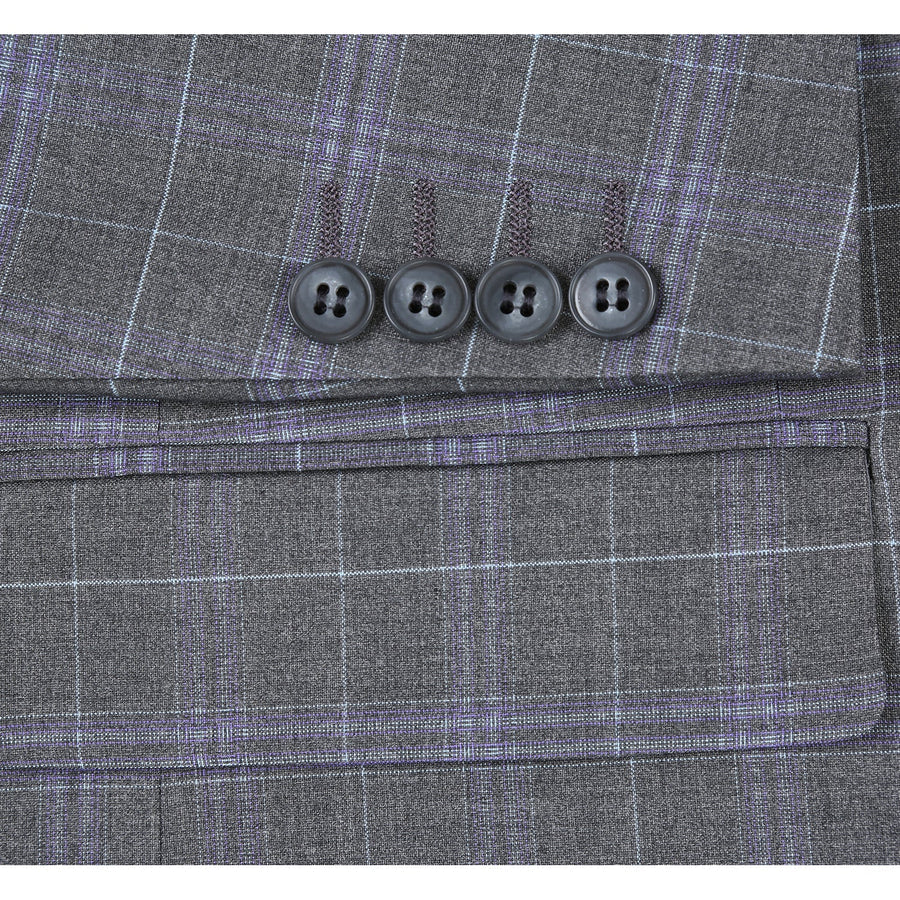 Mens Classic Fit Two Button Suit in Dark Grey and Lavender Windowpane Plaid