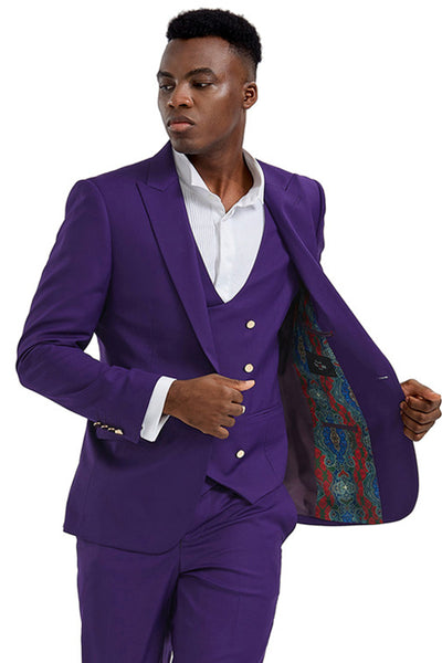 Men's One Button Peak Lapel Vested Suit with Gold Buttons in Purple