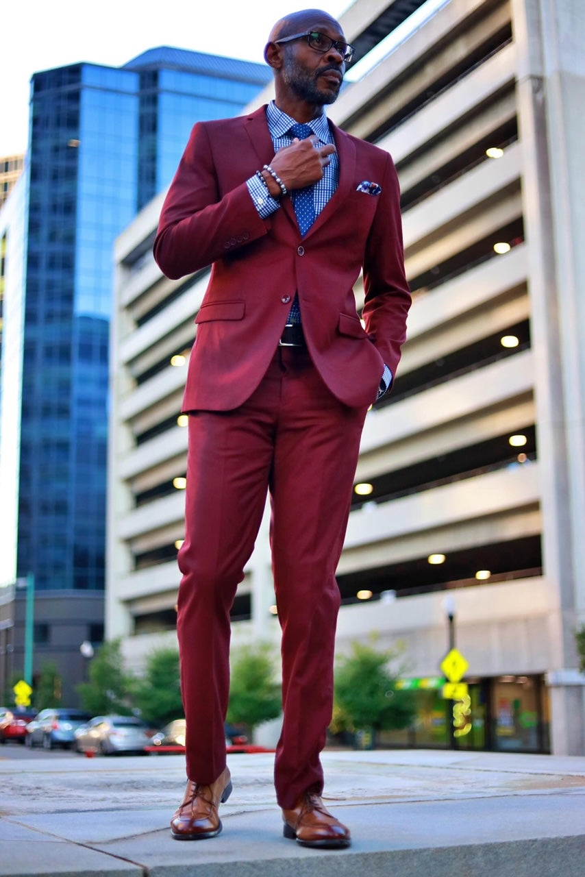 Men's Basic 2 Button Slim Fit Wedding Suit in Burgundy, 50 Long / Burgundy