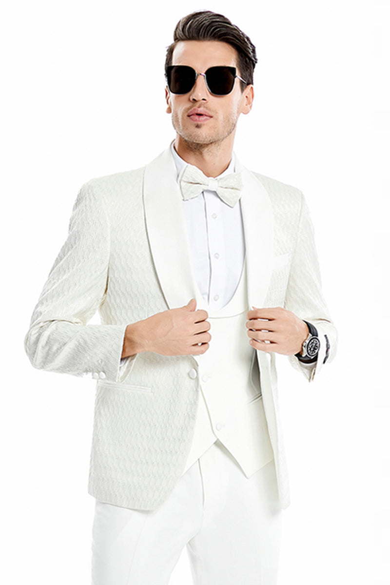 Men's One Button Vested Honeycomb Lace Design Wedding & Prom Tuxedo in Ivory