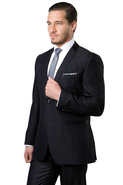 Men's Two Button Slim Fit Shiny Sharkskin Suit in Black with Contrast Collar and Trim