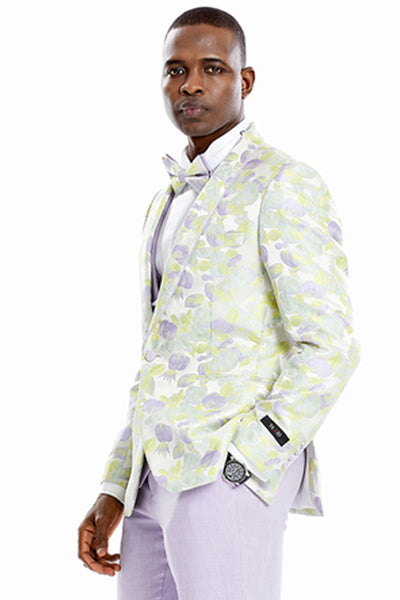 Men's One Button Vested Water Color Tulip Floral Print Wedding Dinner Jacket Tuxedo Suit in Lilac