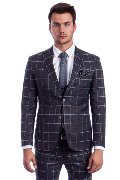 Men's Two Button Vested Slim Fit Suit in Bold Grey & White Windowpane Plaid