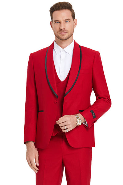 Men's One Button Vested Shawl Tuxedo in Red Birdseye with Black Satin Trim