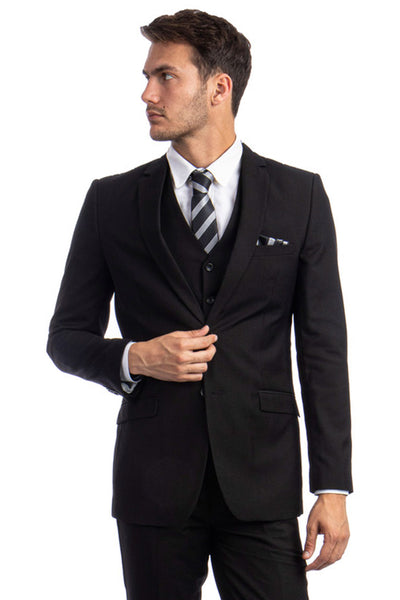 Men's Two Button Basic Hybrid Fit Vested Suit in Black