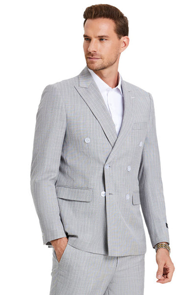 Men's Slim Fit Double Breasted Summer Pastel Suit in Light Grey Pinstripe
