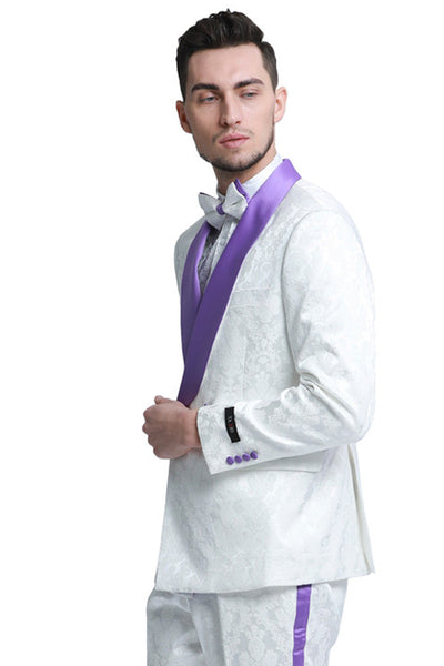 Men's Slim Fit Double Breasted Paisley Smoking Jacket Prom & Wedding Tuxedo in White & Purple