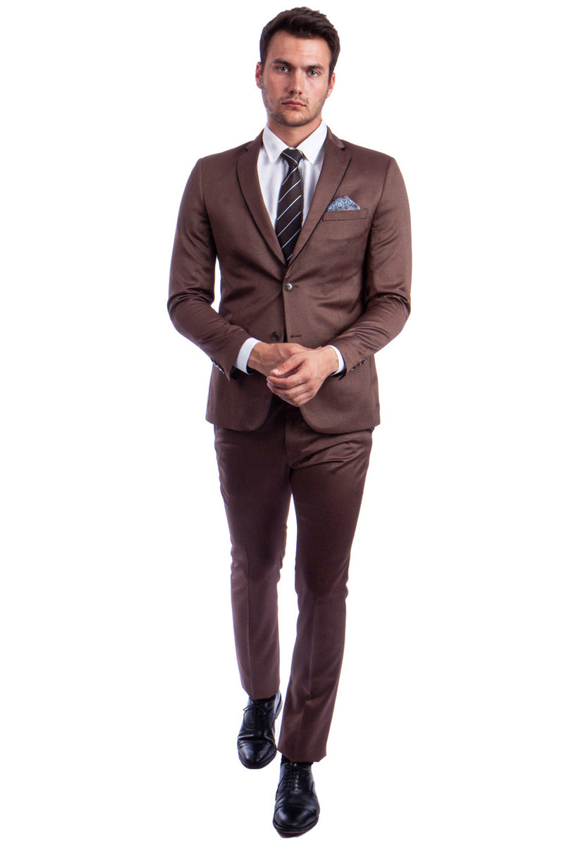 Men's Slim Fit Two Button Shiny Sharkskin Suit in Light Brown Cognac with Black Lapel Trim