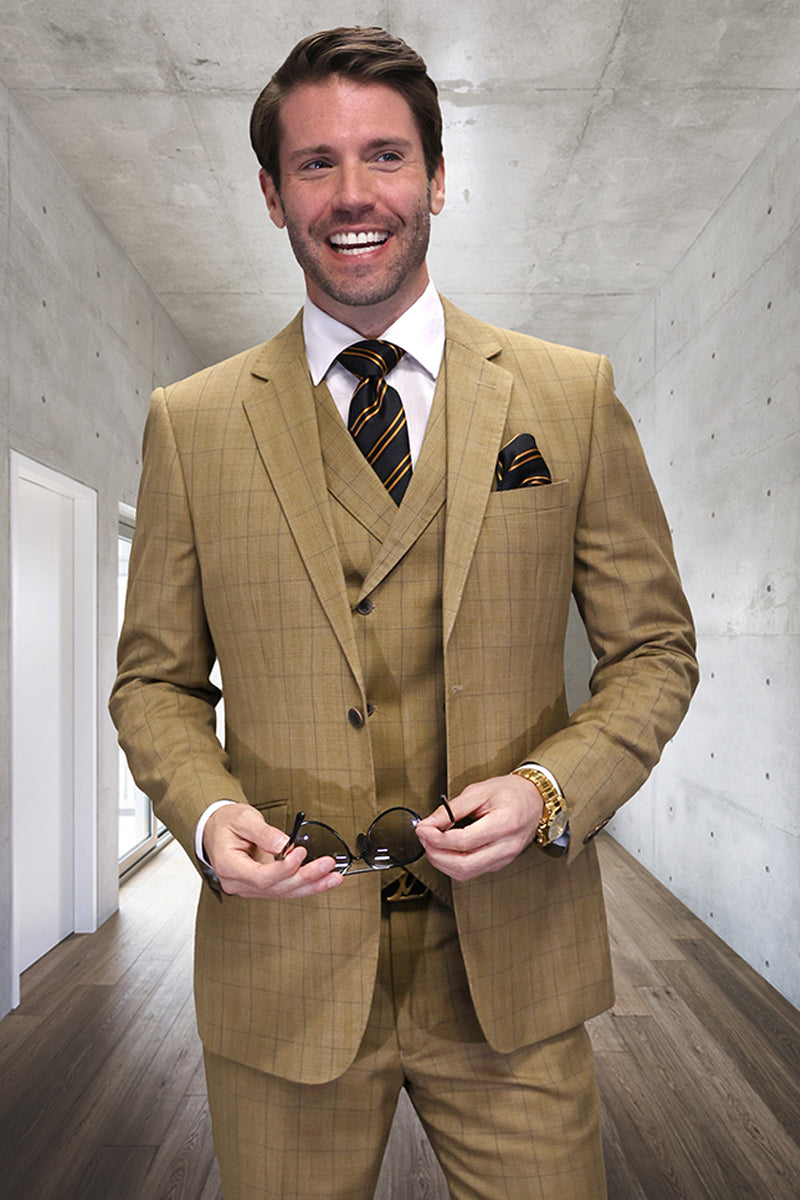 Men's Designer Wool Vested Windowpane Plaid Suit in Bronze