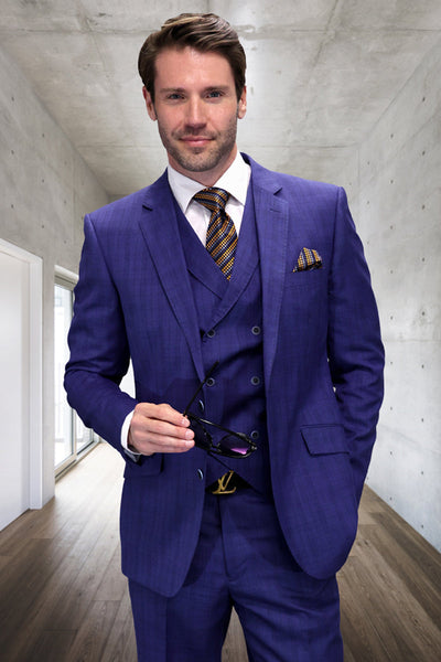 Men's Designer Wool Vested Windowpane Plaid Suit in Sapphire Blue