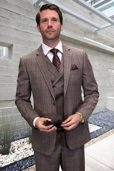 Men's Designer Wool Vested Windowpane Plaid Suit in Taupe