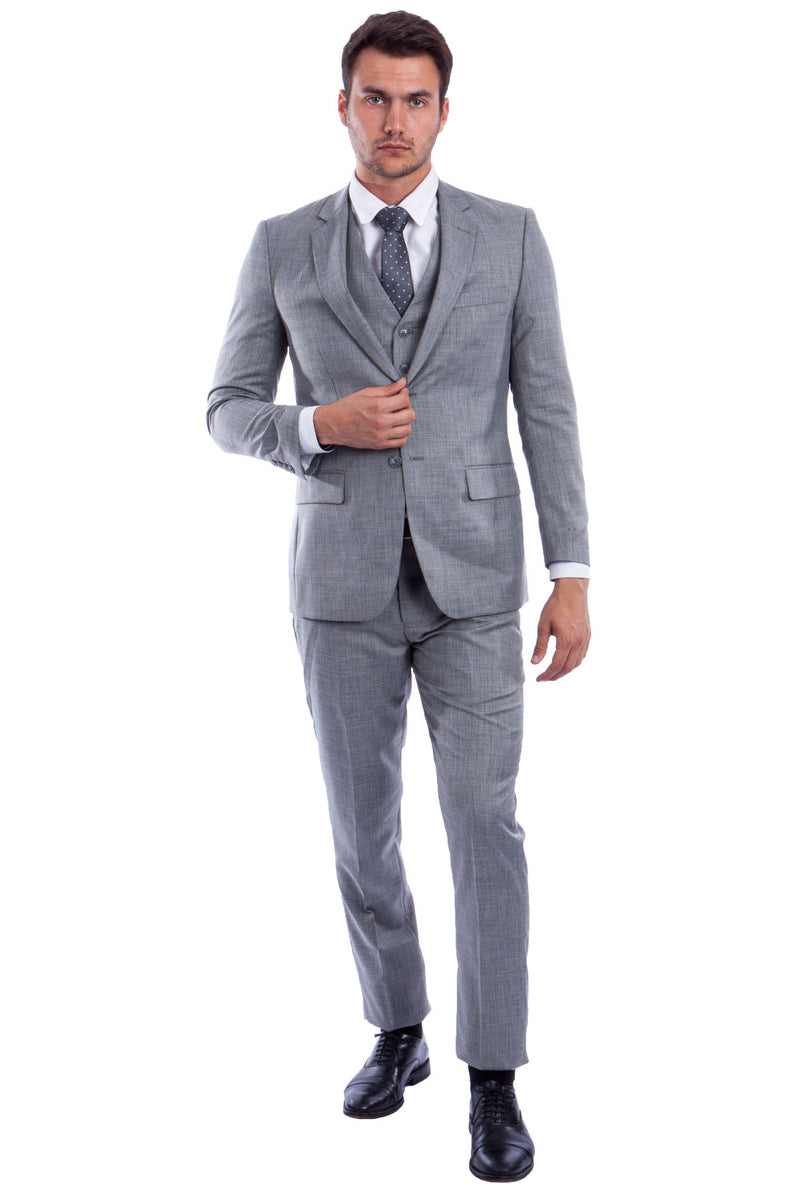 Men's Two Button Hybrid Fit Vested Sharkskin Wedding & Business Suit in Stone Grey