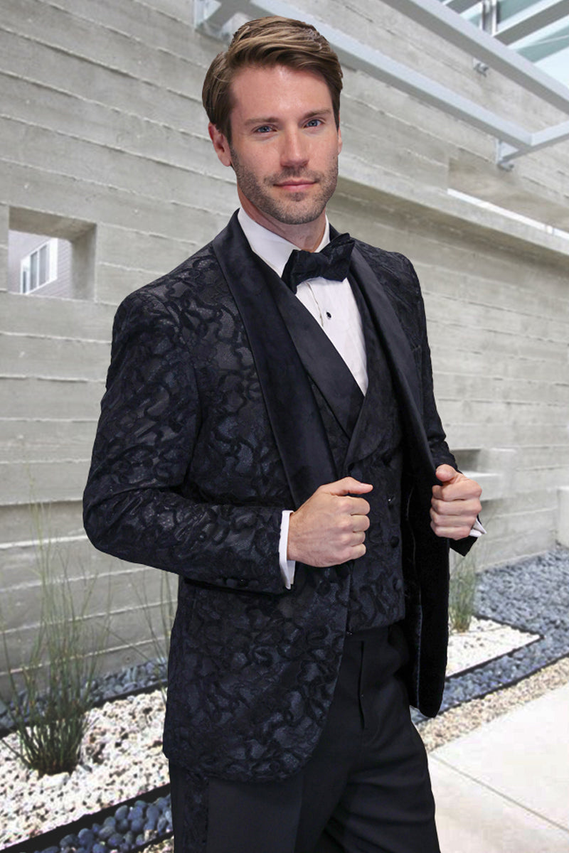 Men's Designer Vested Wedding & Prom Smoking Jacket Paisley Tuxedo with Velvet Lapel in Black