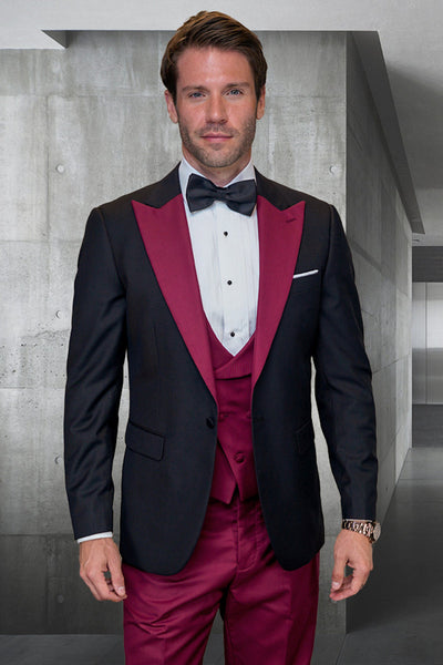 Men's Designer Vested Contrast Peak Lapel Wool Wedding & Prom Tuxedo in Black & Burgundy