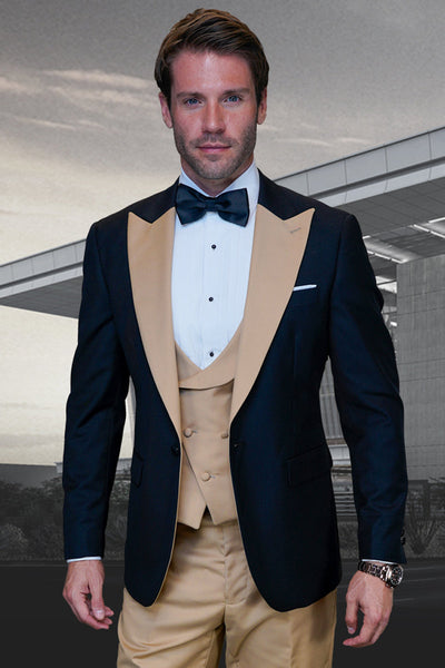 Men's Designer Vested Contrast Peak Lapel Wool Wedding & Prom Tuxedo in Black & Champagne Tan