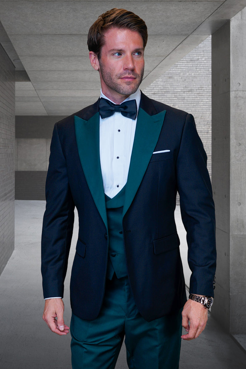 Men's Designer Vested Contrast Peak Lapel Wool Wedding & Prom Tuxedo in Black & Hunter Green