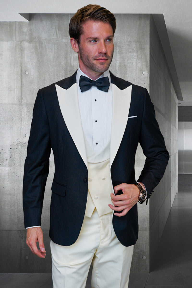 Men's Designer Vested Contrast Peak Lapel Wool Wedding & Prom Tuxedo in Black & Ivory Off White