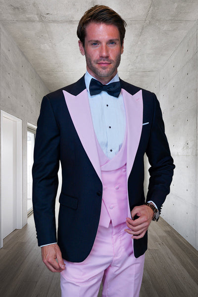 Men's Designer Vested Contrast Peak Lapel Wool Wedding & Prom Tuxedo in Black & Pink