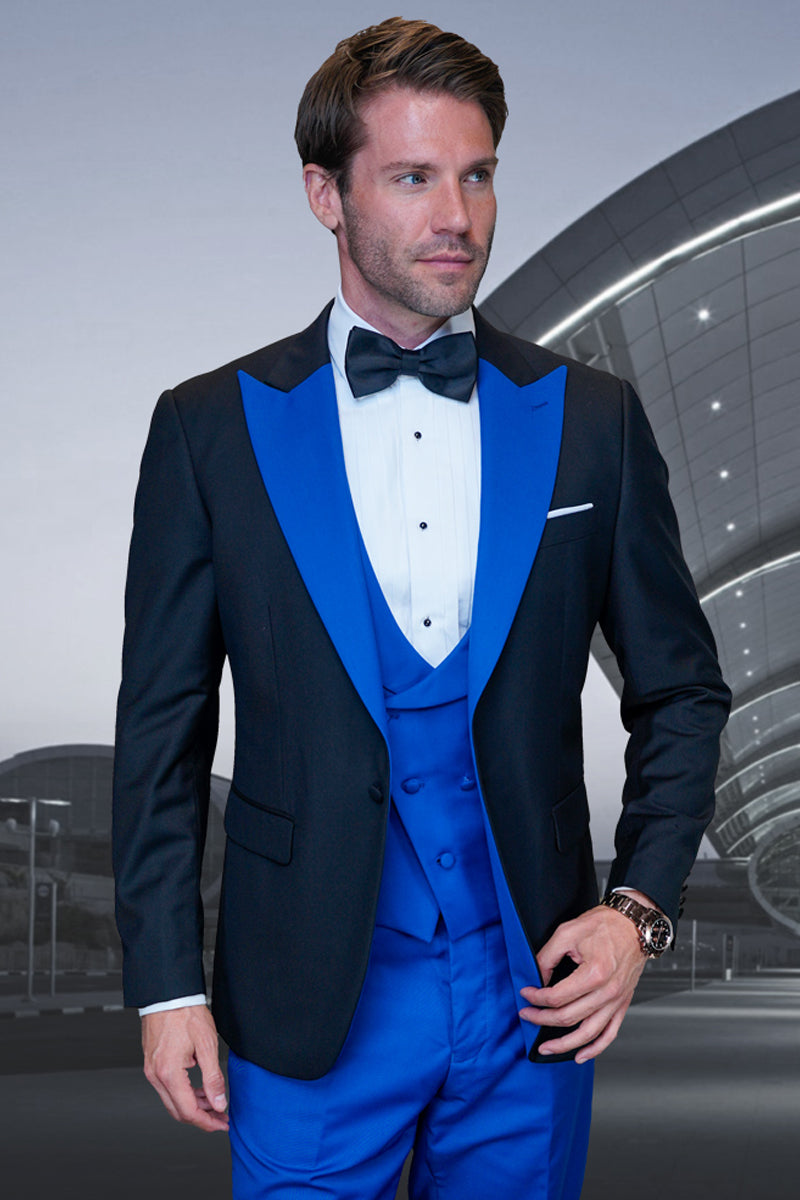 Men's Designer Vested Contrast Peak Lapel Wool Wedding & Prom Tuxedo in Black & Royal Blue