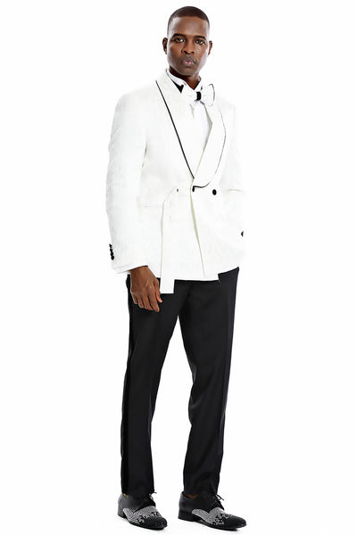 Men's Slim Fit Double Breasted Smoking Jacket Prom & Wedding Tuxedo in White Paisley