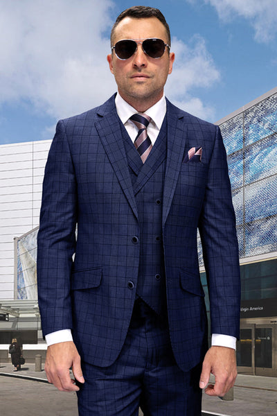 Men's Designer Wool Vested Modern Fit Windowpane Plaid Suit in Sapphire Blue