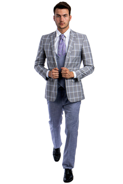 Men's One Button Peak Lapel Grey & Blue Windowpane Plaid Suit with Double Breasted Vest