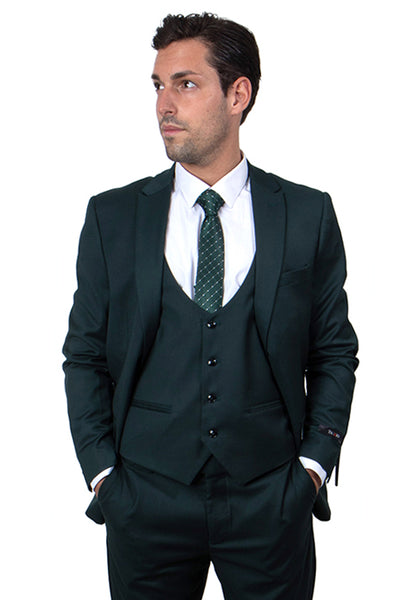 Men's One Button Peak Lapel Skinny Wedding & Prom Suit with Lowcut Vest in Hunter Green