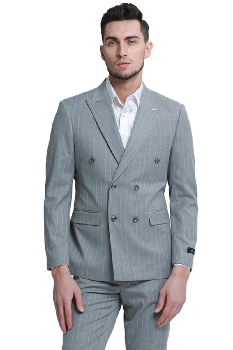 Men's Slim Fit Double Breasted Bold Gangster Pinstripe Suit in Grey ...