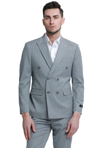 Men's Slim Fit Double Breasted Bold Gangster Pinstripe Suit in Grey