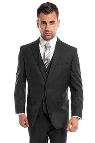 Men's Vested Two Button Solid Color Wedding & Business Suit in Black