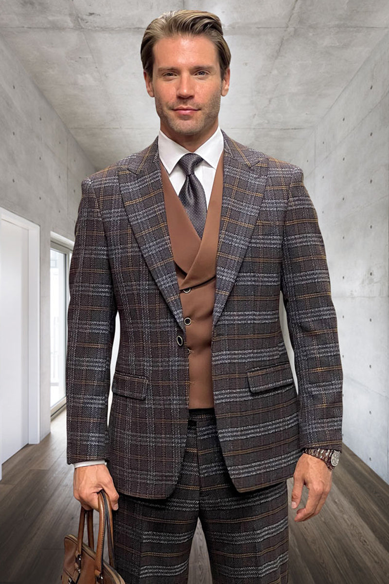 Men's One Button Wide Peak Lapel Double Breasted Vest Suit in Brown Double Windowpane Plaid