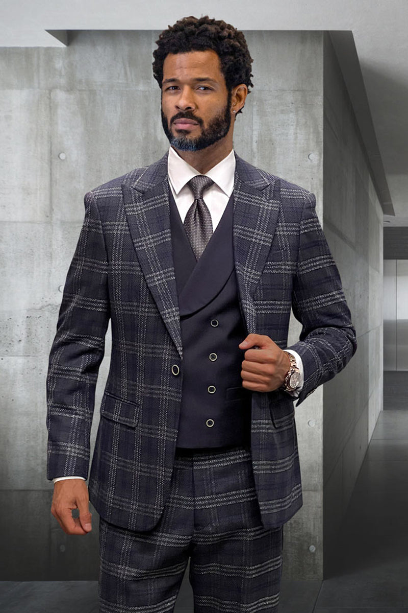 Men's One Button Wide Peak Lapel Double Breasted Vest Suit in Eggplant Purple Double Windowpane Plaid