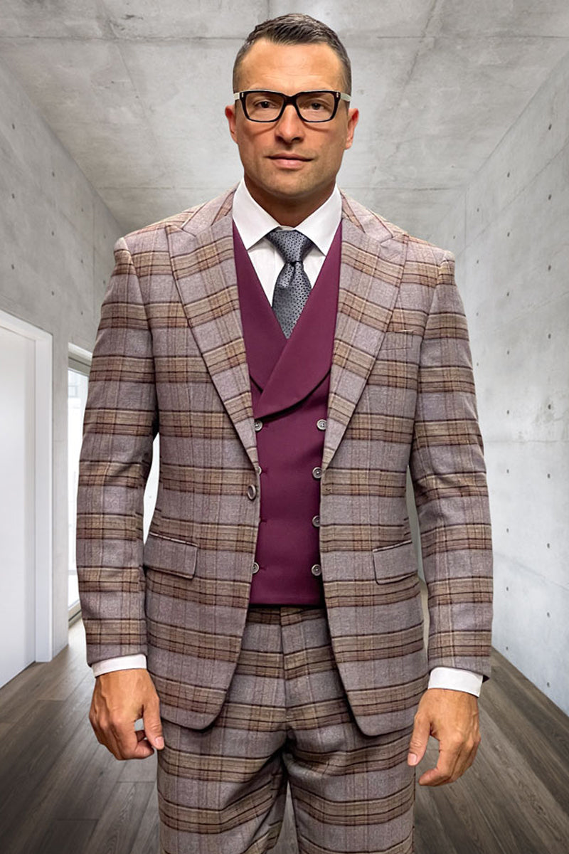 Men's Vested One Button Peak Lapel Wool Suit in Burgundy Windowpane Plaid