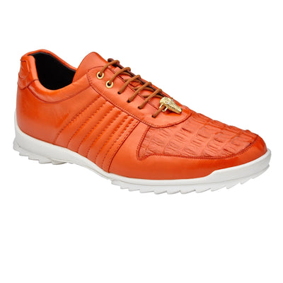 Men's Belvedere Astor Soft Calf & Caiman Crocodile Hornback Dress Sneaker in Orange