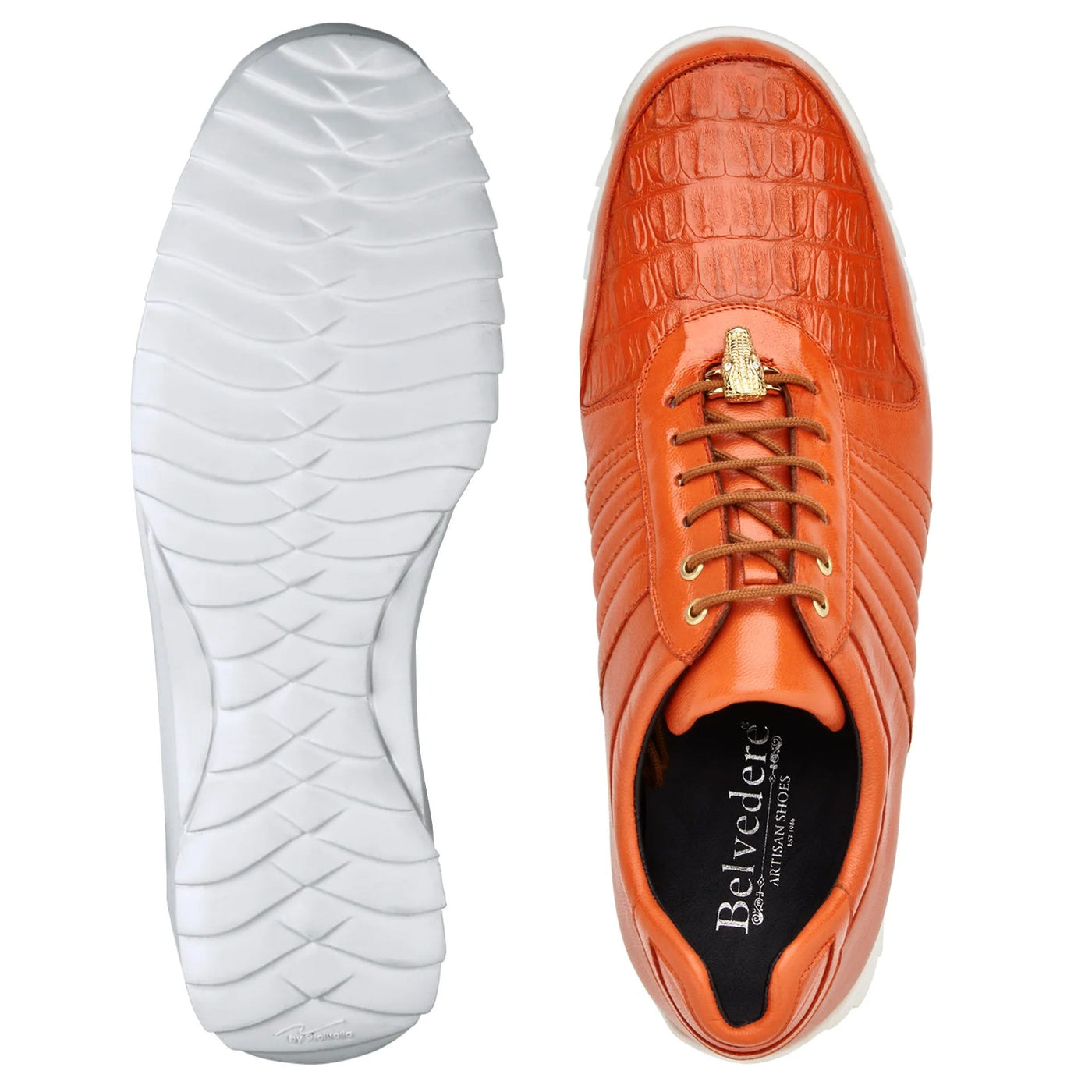 Men's Belvedere Astor Soft Calf & Caiman Crocodile Hornback Dress Sneaker in Orange