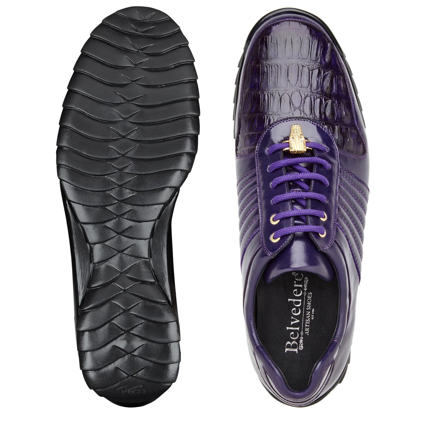 Men's Belvedere Astor Soft Calf & Caiman Crocodile Hornback Dress Sneaker in Purple