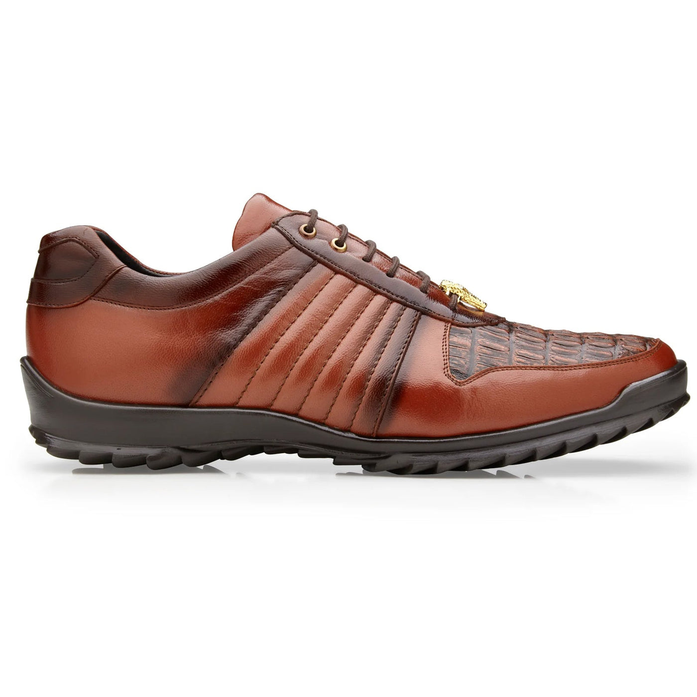 Men's Belvedere Astor Soft Calf & Caiman Crocodile Hornback Dress Sneaker in Cognac