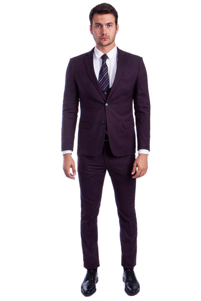 Men's Two Button Skinny Fit Vested Suit in Burgundy