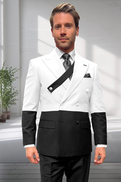 Men's Designer Wool Double Breasted Suit in Dipped Two Tone Black & White 