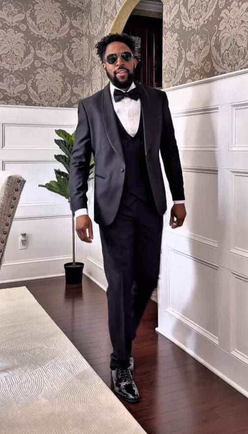 Men's One Button Vested Shawl Tuxedo in Black Birdseye with Black Satin Trim