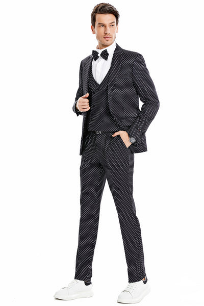 Men's One Button Vested Mini Polka Dot Prom Suit in Black & White