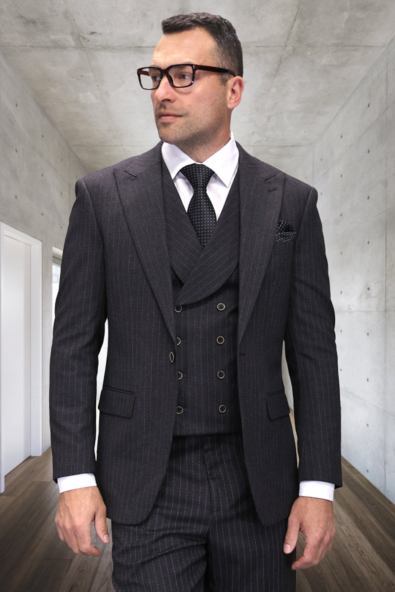 Men's Designer Vested Wool One Button Peak Lapel Suit in Black Pinstripe