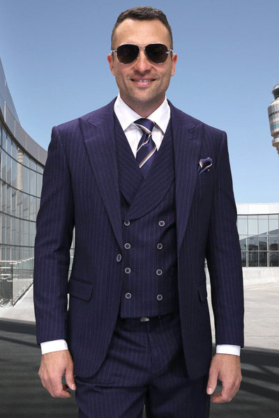 Men's Designer Vested Wool One Button Peak Lapel Suit in Navy Blue Pinstripe